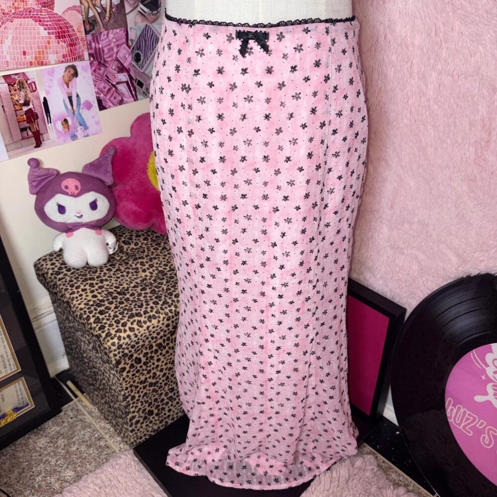 Pink and black floral maxi skirt